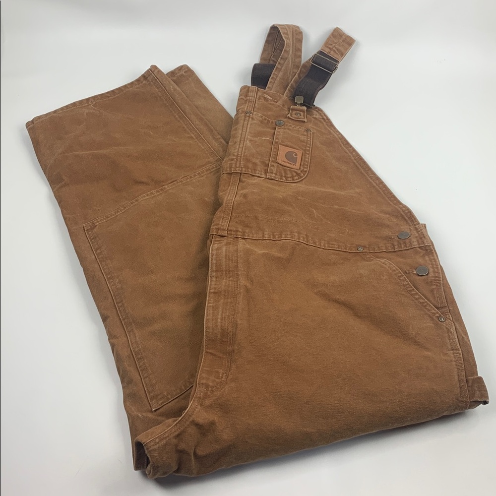 Vintage Carhartt brown Bib Overalls with Logo Patch Canvas Workwear Size 48/32